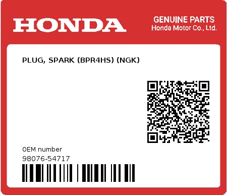 Product image: Honda - 98076-54717 - PLUG, SPARK (BPR4HS) (NGK) 