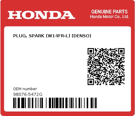 Product image: Honda - 98076-5472G - PLUG, SPARK (W14FR-L) (DENSO) 