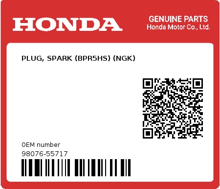 Product image: Honda - 98076-55717 - PLUG, SPARK (BPR5HS) (NGK) 