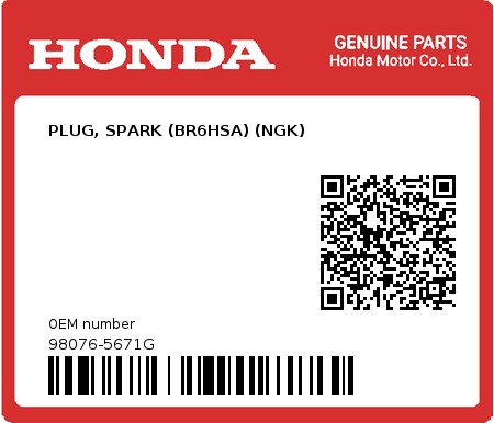 Product image: Honda - 98076-5671G - PLUG, SPARK (BR6HSA) (NGK)  0