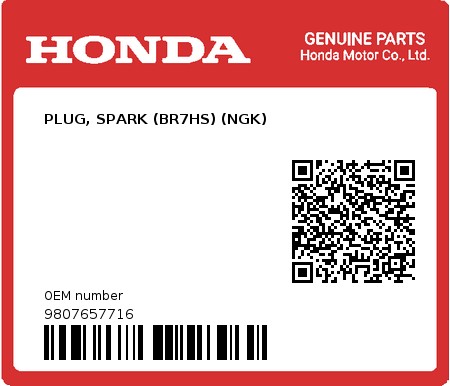 Product image: Honda - 9807657716 - PLUG, SPARK (BR7HS) (NGK) 