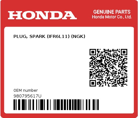 Product image: Honda - 980795617U - PLUG, SPARK (IFR6L11) (NGK) 