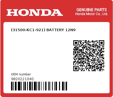 Product image: Honda - 9820221040 - (31500-KC1-921) BATTERY 12N9  0