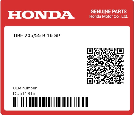 Product image: Honda - DU511315 - TIRE 205/55 R 16 SP  0