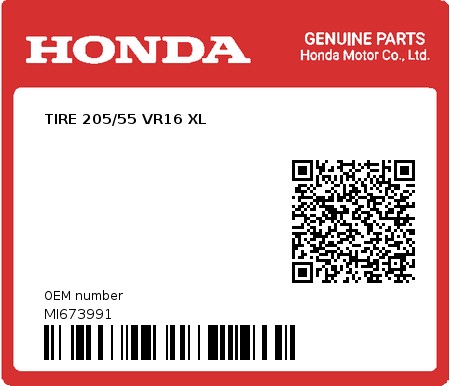 Product image: Honda - MI673991 - TIRE 205/55 VR16 XL  0