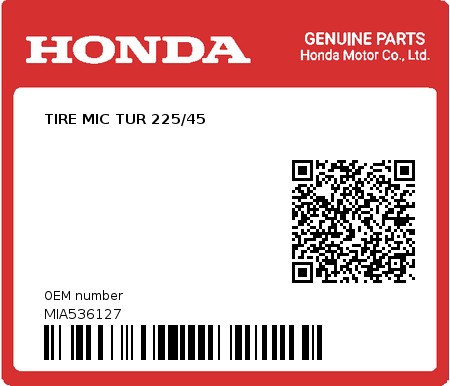 Product image: Honda - MIA536127 - TIRE MIC TUR 225/45  0