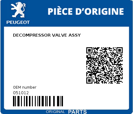 Product image: Peugeot - 051012 - DECOMPRESSOR VALVE ASSY  0