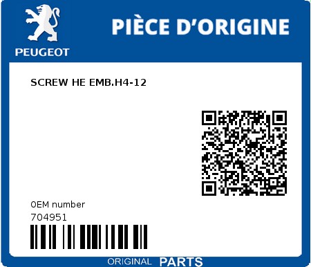 Product image: Peugeot - 704951 - SCREW HE EMB.H4-12  0