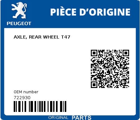 Product image: Peugeot - 722930 - AXLE, REAR WHEEL T47 