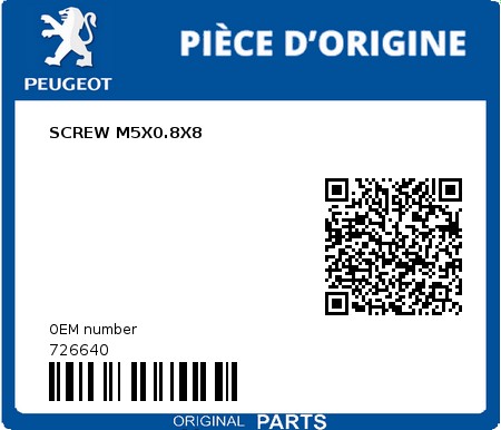 Product image: Peugeot - 726640 - SCREW M5X0.8X8  0