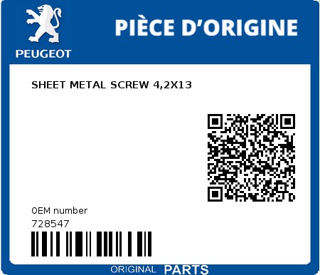 Product image: Peugeot - 728547 - SHEET METAL SCREW 4,2X13  0