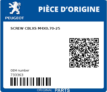 Product image: Peugeot - 733363 - SCREW CBLXS M4X0.70-25  0