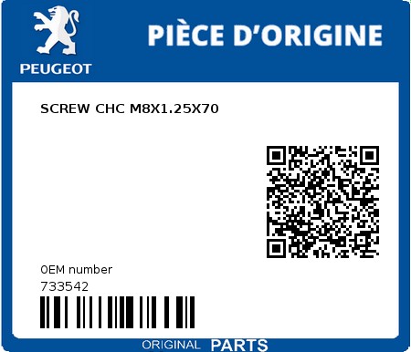 Product image: Peugeot - 733542 - SCREW CHC M8X1.25X70  0