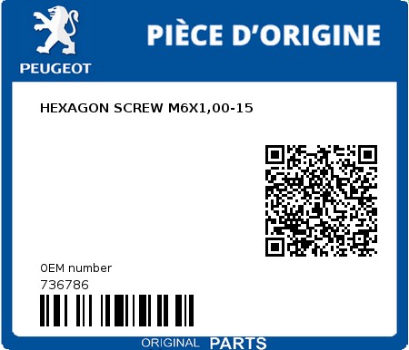 Product image: Peugeot - 736786 - HEXAGON SCREW M6X1,00-15  0