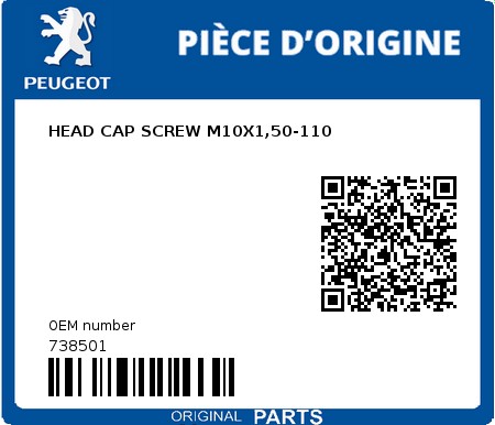 Product image: Peugeot - 738501 - HEAD CAP SCREW M10X1,50-110  0