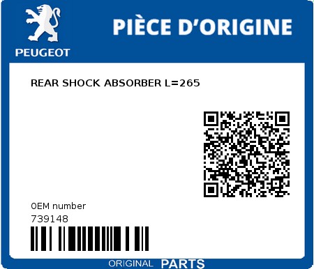 Product image: Peugeot - 739148 - REAR SHOCK ABSORBER L=265  0