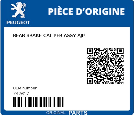Product image: Peugeot - 742617 - REAR BRAKE CALIPER ASSY AJP  0