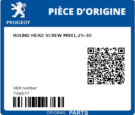 Product image: Peugeot - 749077 - ROUND HEAD SCREW M8X1,25-30  0
