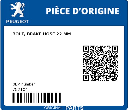 Product image: Peugeot - 752104 - BOLT, BRAKE HOSE 22 MM 