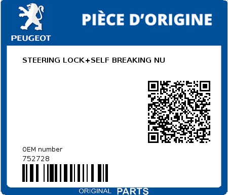 Product image: Peugeot - 752728 - STEERING LOCK+SELF BREAKING NU  0