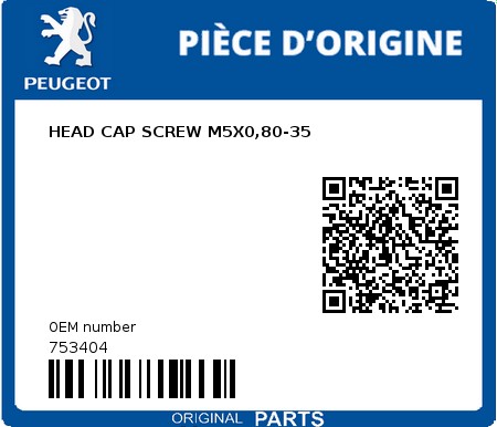 Product image: Peugeot - 753404 - HEAD CAP SCREW M5X0,80-35  0