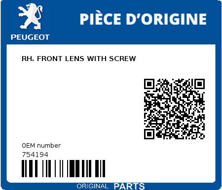 Product image: Peugeot - 754194 - RH. FRONT LENS WITH SCREW  0