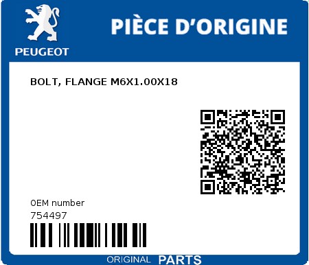 Product image: Peugeot - 754497 - BOLT, FLANGE M6X1.00X18  0