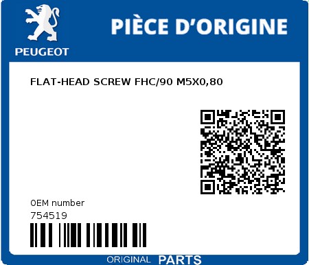 Product image: Peugeot - 754519 - FLAT-HEAD SCREW FHC/90 M5X0,80  0