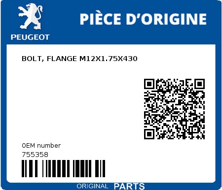 Product image: Peugeot - 755358 - BOLT, FLANGE M12X1.75X430  0
