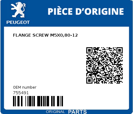 Product image: Peugeot - 755491 - FLANGE SCREW M5X0,80-12  0
