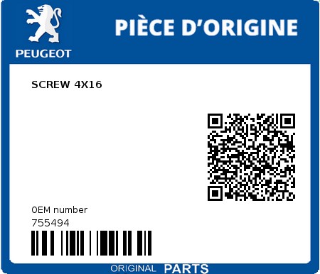 Product image: Peugeot - 755494 - SCREW 4X16  0