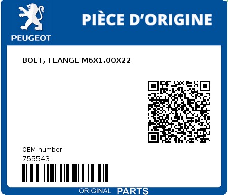 Product image: Peugeot - 755543 - BOLT, FLANGE M6X1.00X22  0