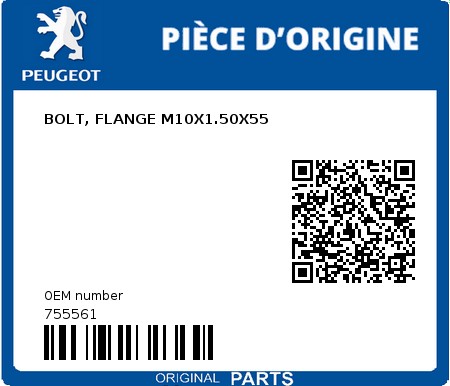 Product image: Peugeot - 755561 - BOLT, FLANGE M10X1.50X55  0