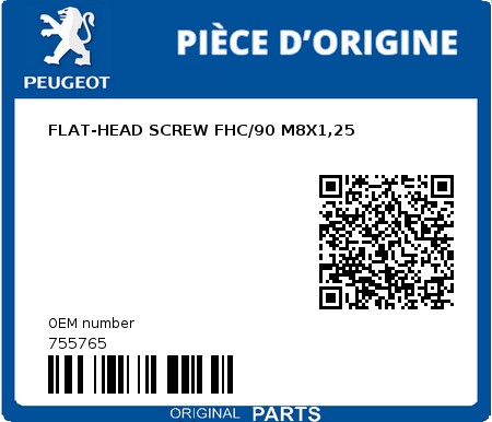 Product image: Peugeot - 755765 - FLAT-HEAD SCREW FHC/90 M8X1,25  0