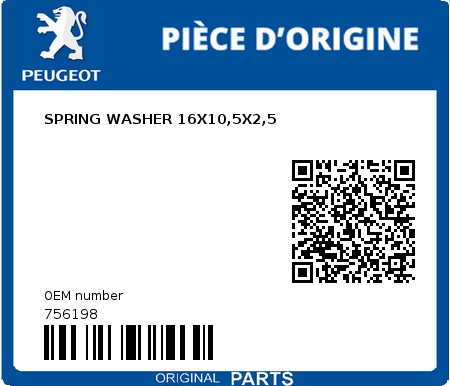 Product image: Peugeot - 756198 - SPRING WASHER 16X10,5X2,5  0