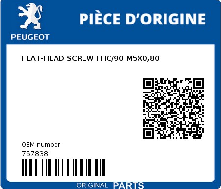 Product image: Peugeot - 757838 - FLAT-HEAD SCREW FHC/90 M5X0,80  0