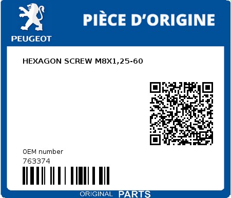 Product image: Peugeot - 763374 - HEXAGON SCREW M8X1,25-60  0