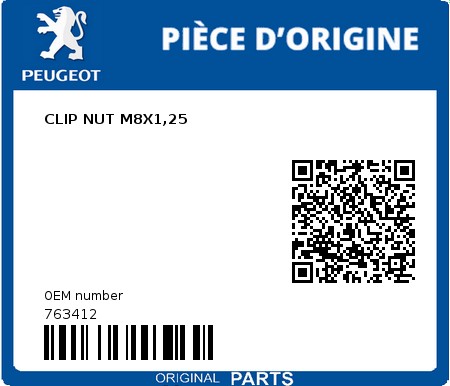 Product image: Peugeot - 763412 - CLIP NUT M8X1,25  0