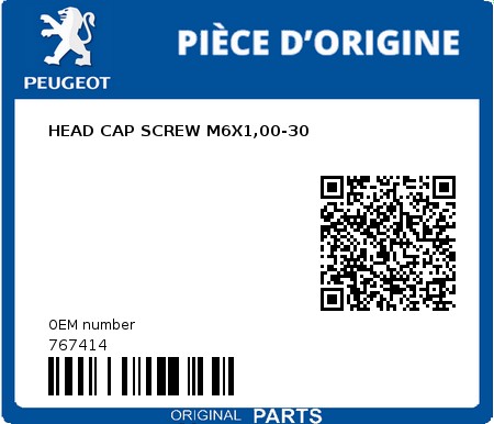 Product image: Peugeot - 767414 - HEAD CAP SCREW M6X1,00-30  0