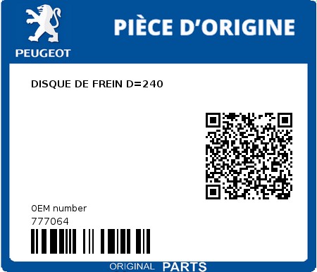 Product image: Peugeot - 777064 - DISQUE DE FREIN D=240 