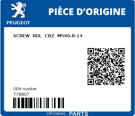 Product image: Peugeot - 778807 - SCREW  RDL  CBZ  M5X0.8-14  0