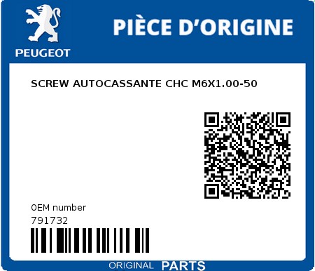 Product image: Peugeot - 791732 - SCREW AUTOCASSANTE CHC M6X1.00-50 