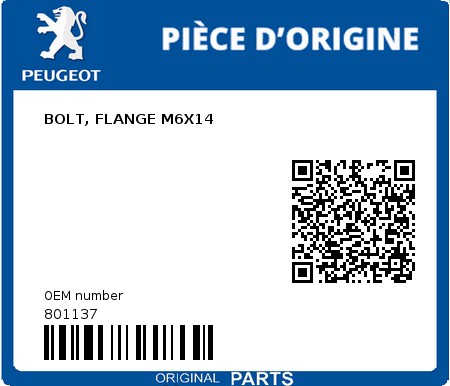 Product image: Peugeot - 801137 - BOLT, FLANGE M6X14  0