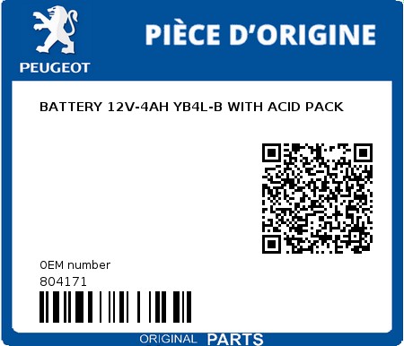 Product image: Peugeot - 804171 - BATTERY 12V-4AH YB4L-B WITH ACID PACK  0