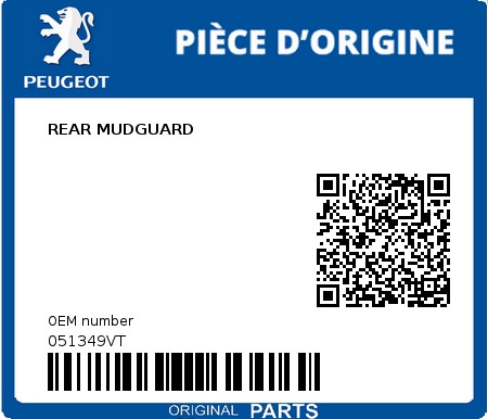 Product image: Peugeot - 051349VT - REAR MUDGUARD  0
