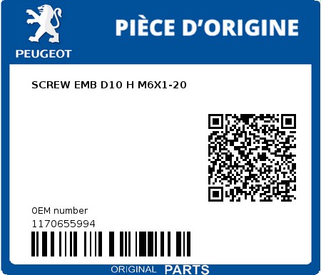 Product image: Peugeot - 1170655994 - SCREW EMB D10 H M6X1-20  0