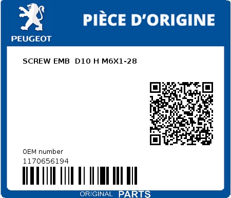 Product image: Peugeot - 1170656194 - SCREW EMB  D10 H M6X1-28  0