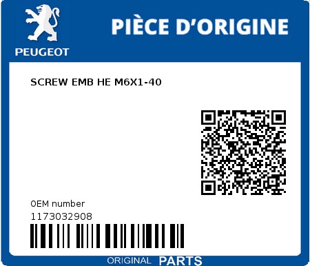 Product image: Peugeot - 1173032908 - SCREW EMB HE M6X1-40  0