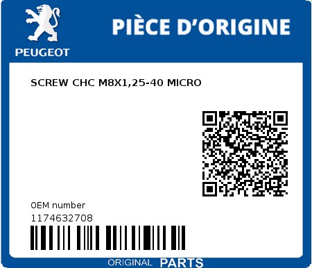 Product image: Peugeot - 1174632708 - SCREW CHC M8X1,25-40 MICRO  0