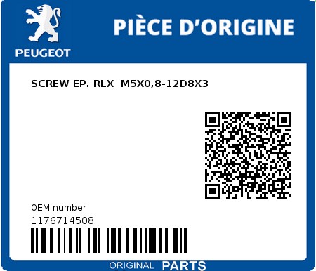 Product image: Peugeot - 1176714508 - SCREW EP. RLX  M5X0,8-12D8X3  0